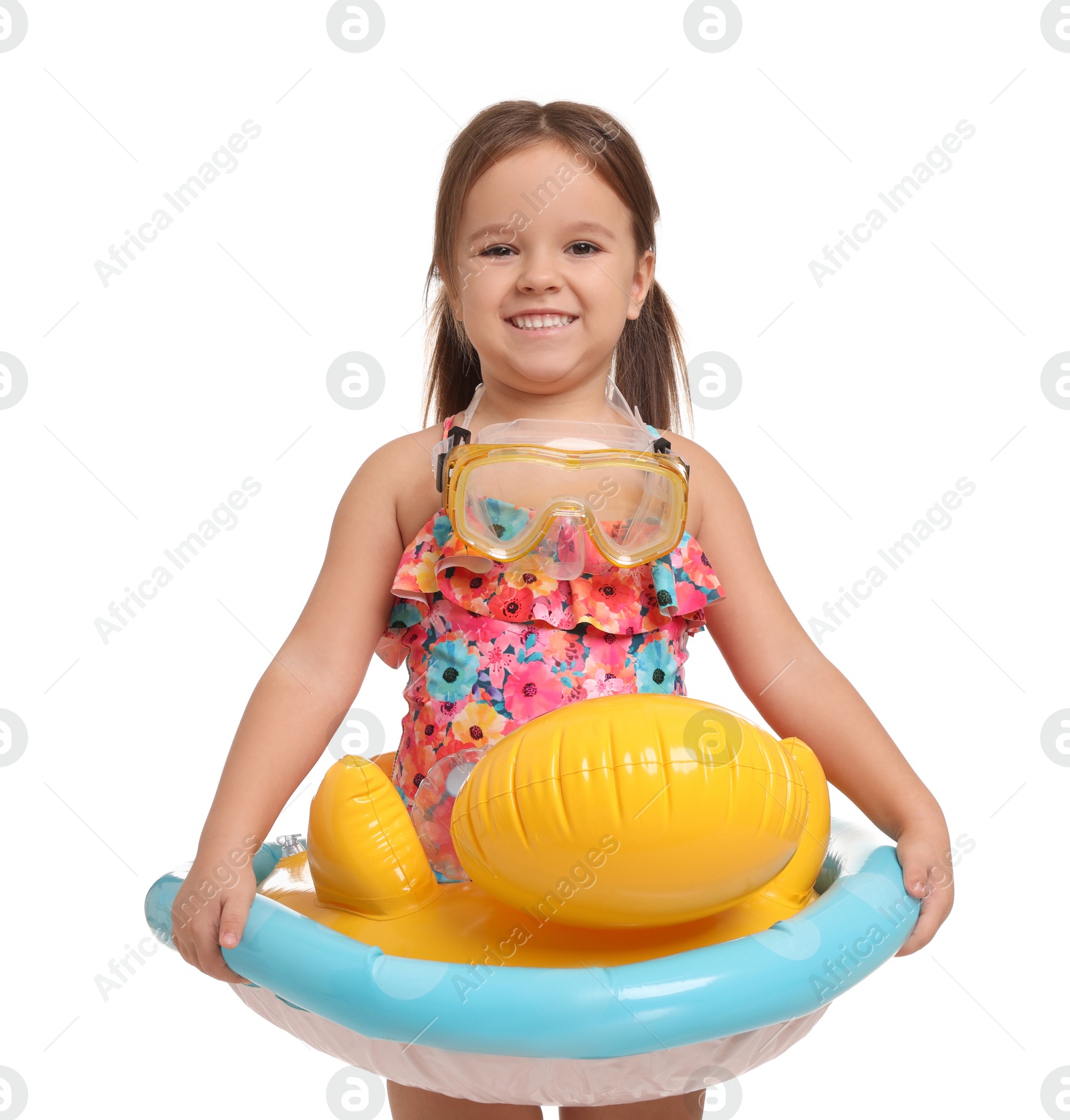 Photo of Cute little girl in swimsuit with inflatable ring on white background