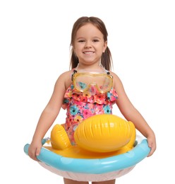 Photo of Cute little girl in swimsuit with inflatable ring on white background