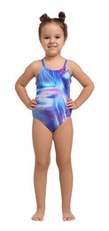 Photo of Cute little girl in swimsuit on white background