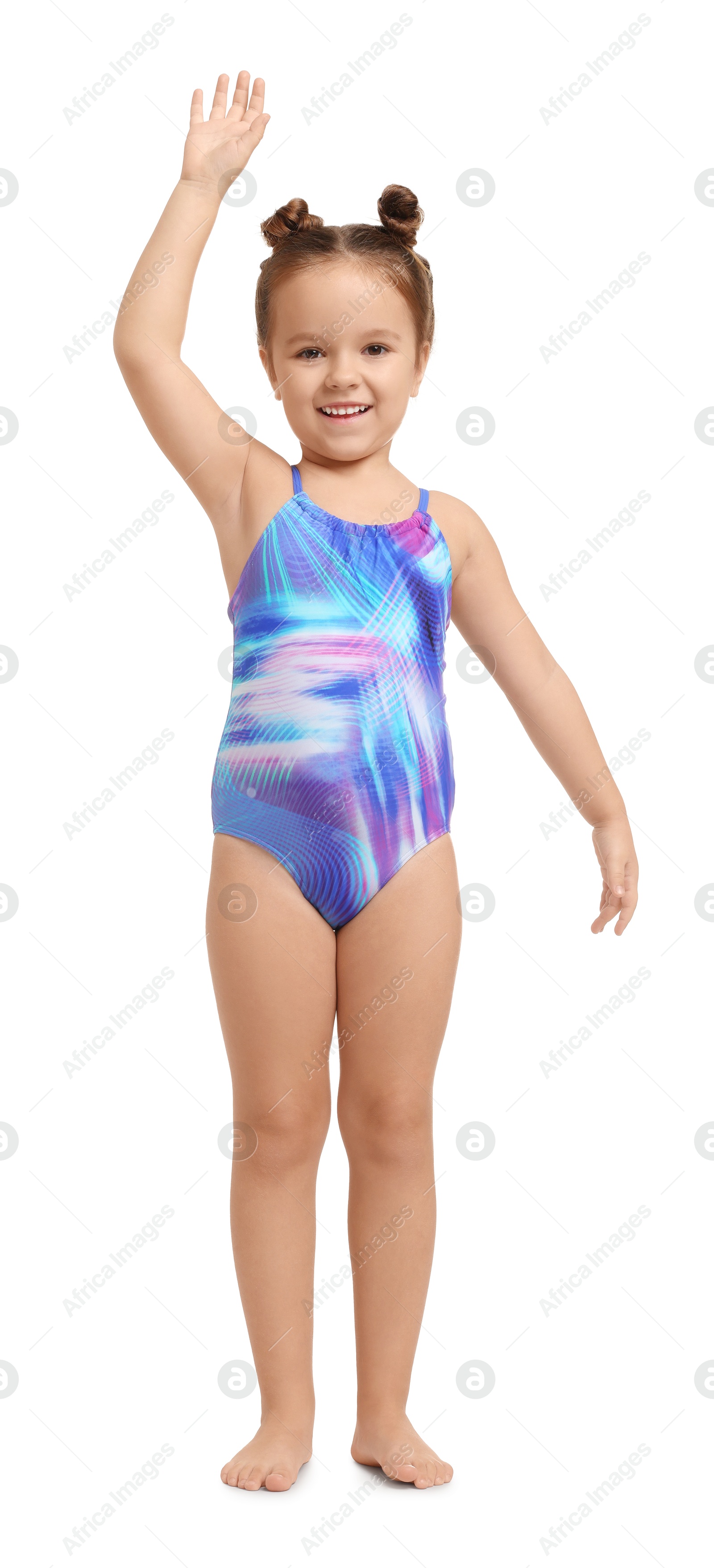 Photo of Cute little girl in swimsuit on white background