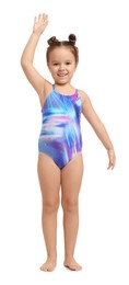 Cute little girl in swimsuit on white background