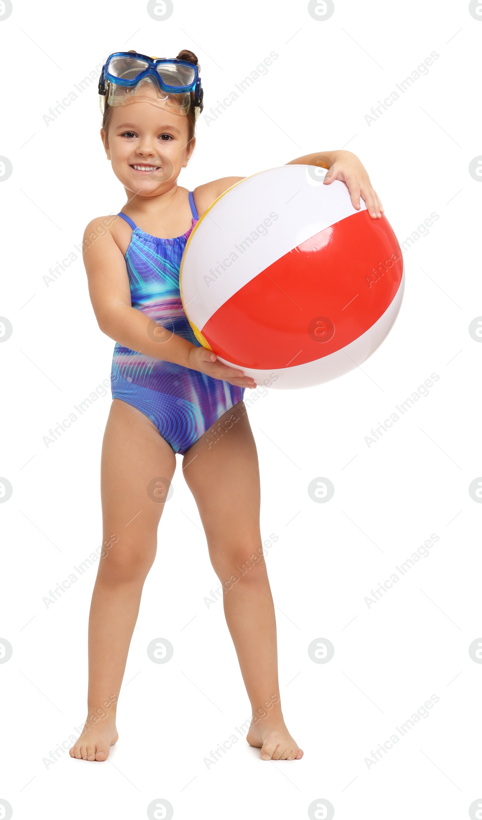 Photo of Cute little girl in swimsuit with inflatable ball on white background