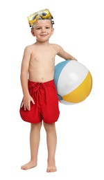 Photo of Cute little boy in beachwear with inflatable ball and mask on white background