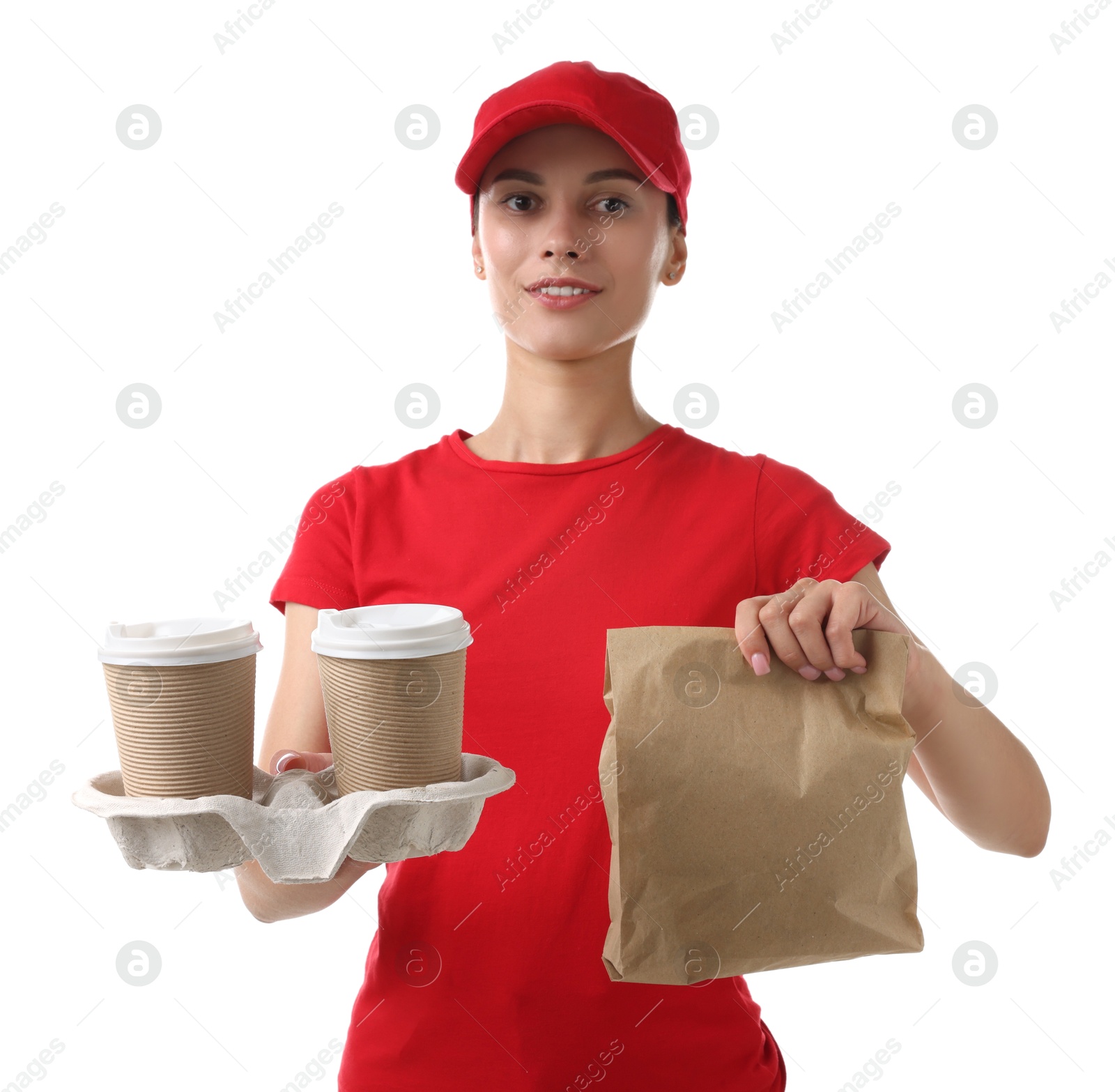 Photo of Fast-food worker with paper cups and bag on white background