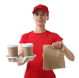 Photo of Fast-food worker with paper cups and bag on white background