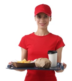 Photo of Fast-food worker holding tray with order on white background