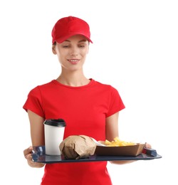 Photo of Fast-food worker holding tray with order on white background