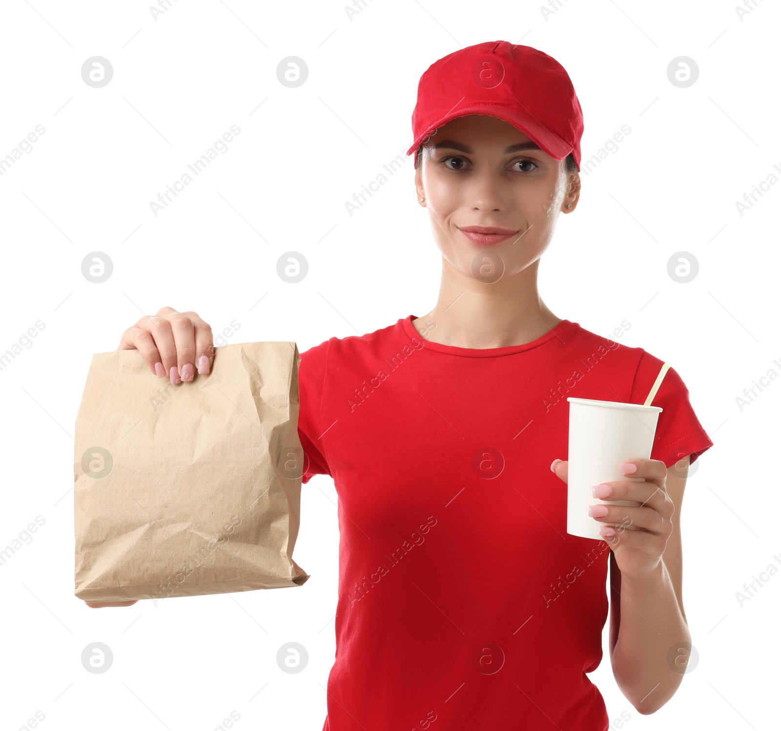 Photo of Fast-food worker with paper bag and cup on white background