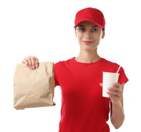 Photo of Fast-food worker with paper bag and cup on white background