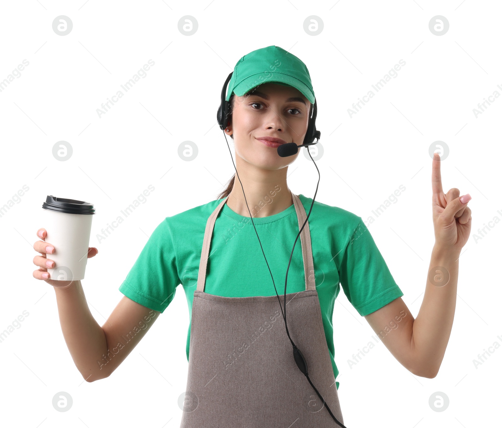 Photo of Fast-food worker with paper cup on white background