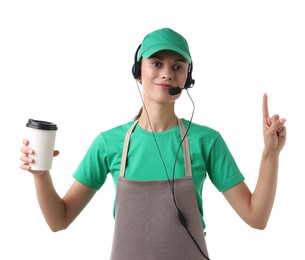 Photo of Fast-food worker with paper cup on white background