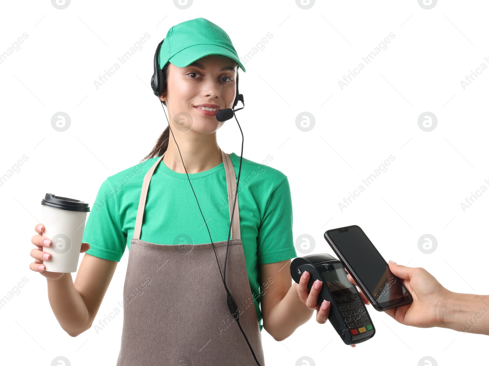 Photo of Fast-food worker taking payment from client via terminal on white background, closeup