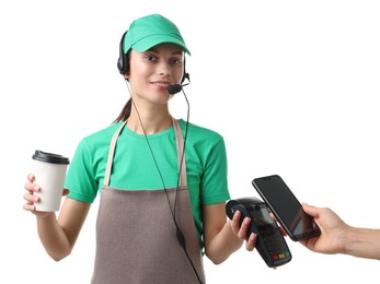 Photo of Fast-food worker taking payment from client via terminal on white background, closeup