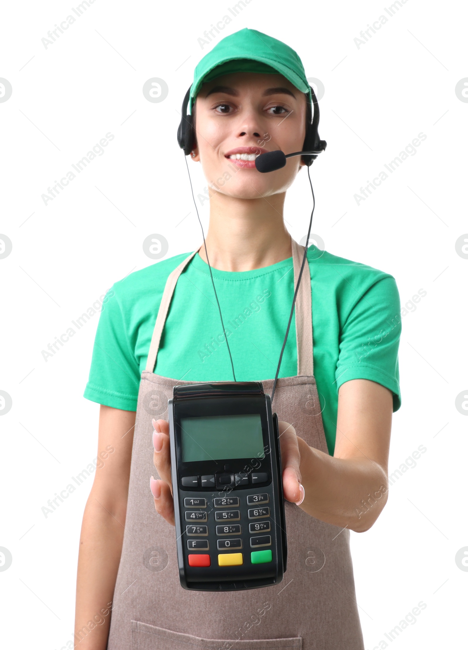 Photo of Fast-food worker with headset and payment terminal on white background