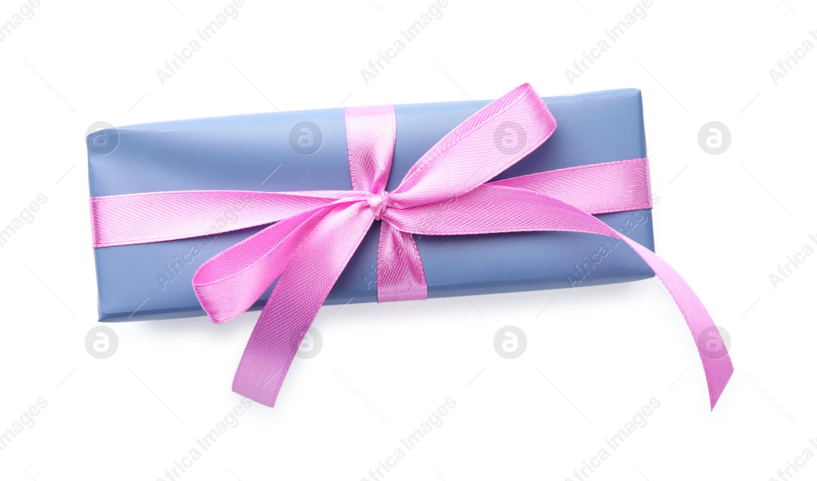 Photo of Beautiful gift box with pink bow isolated on white, top view