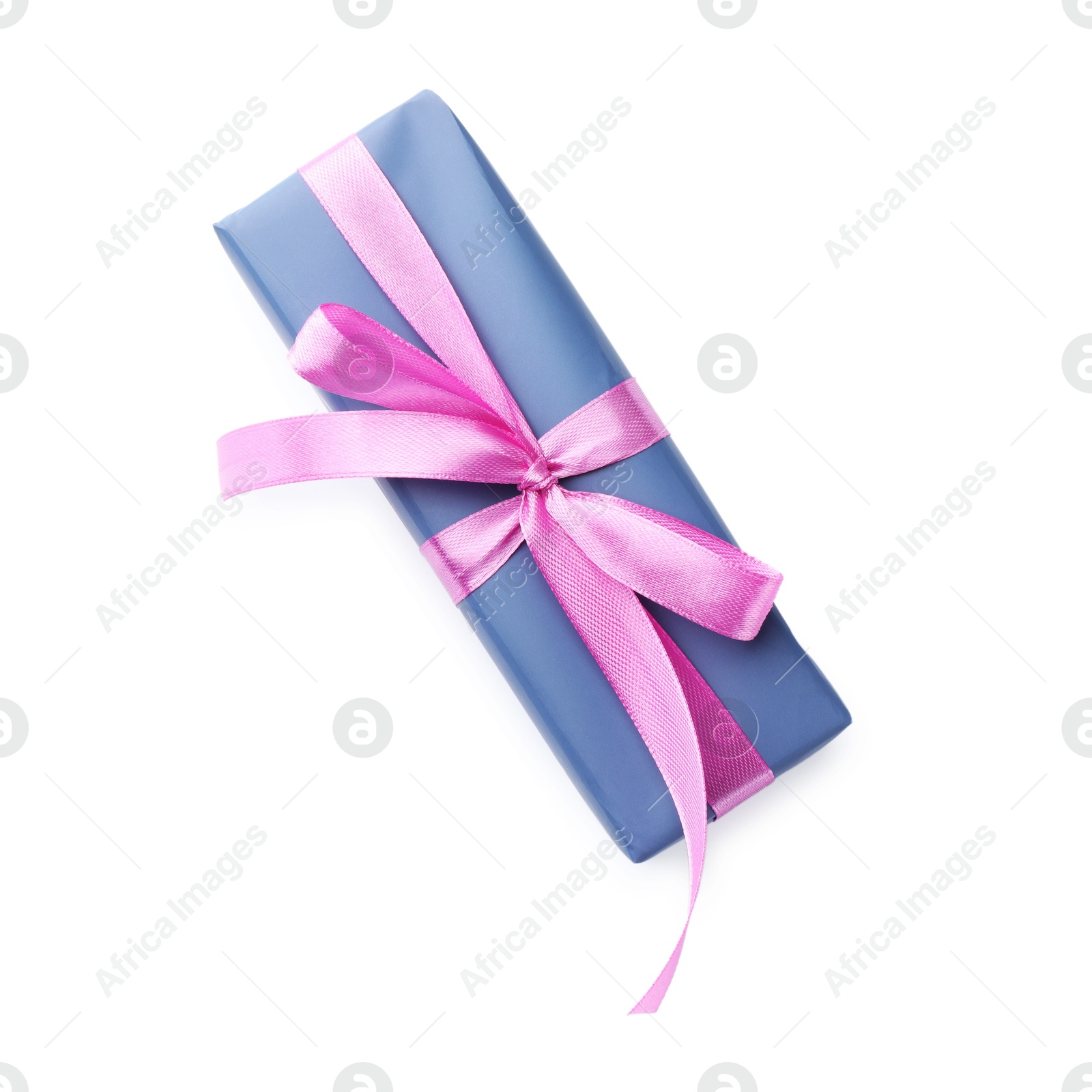 Photo of Beautiful gift box with pink bow isolated on white, top view