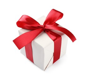 Photo of Beautiful gift box with red bow isolated on white