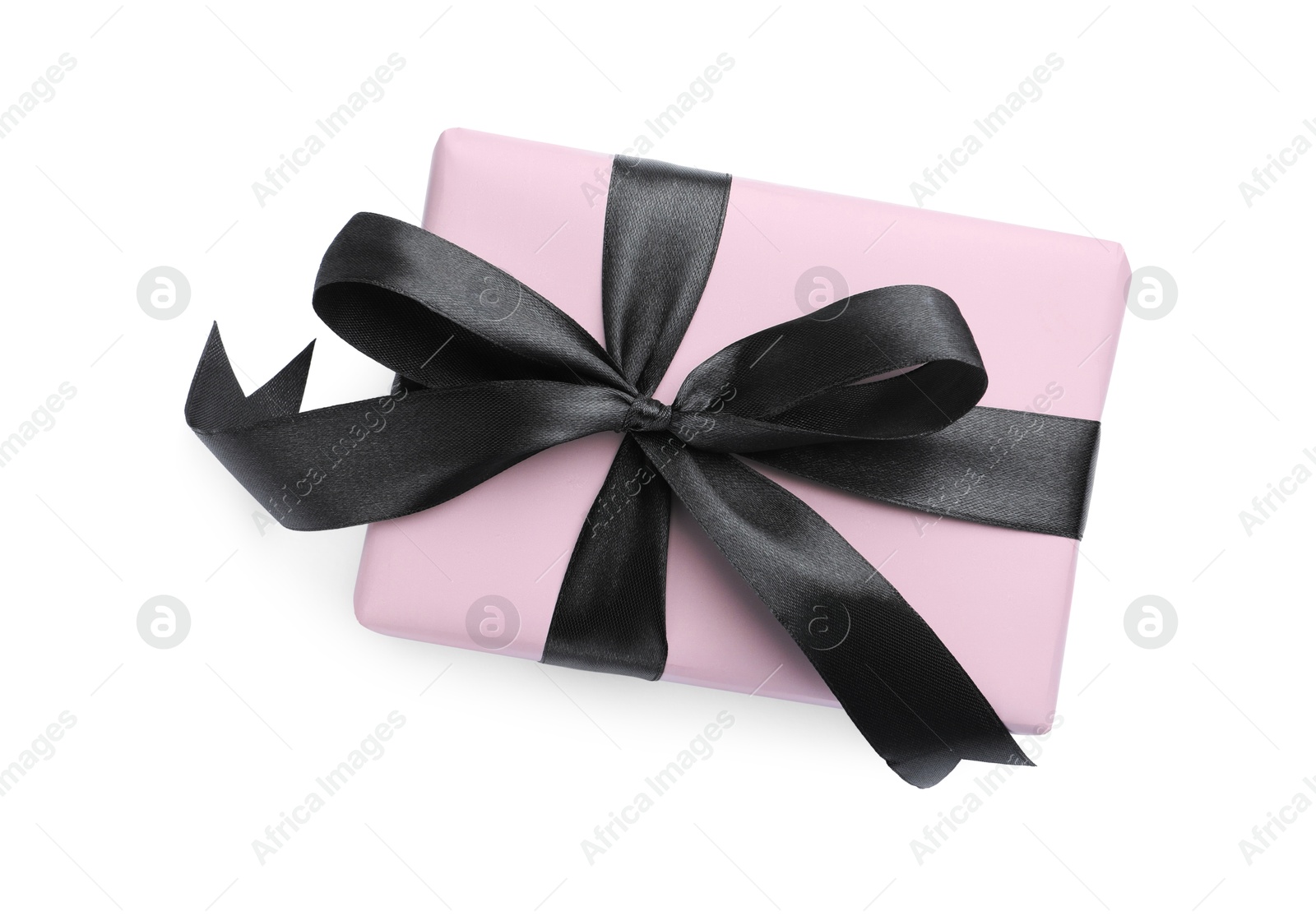 Photo of Beautiful gift box with black bow isolated on white, top view