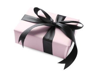 Photo of Beautiful gift box with black bow isolated on white