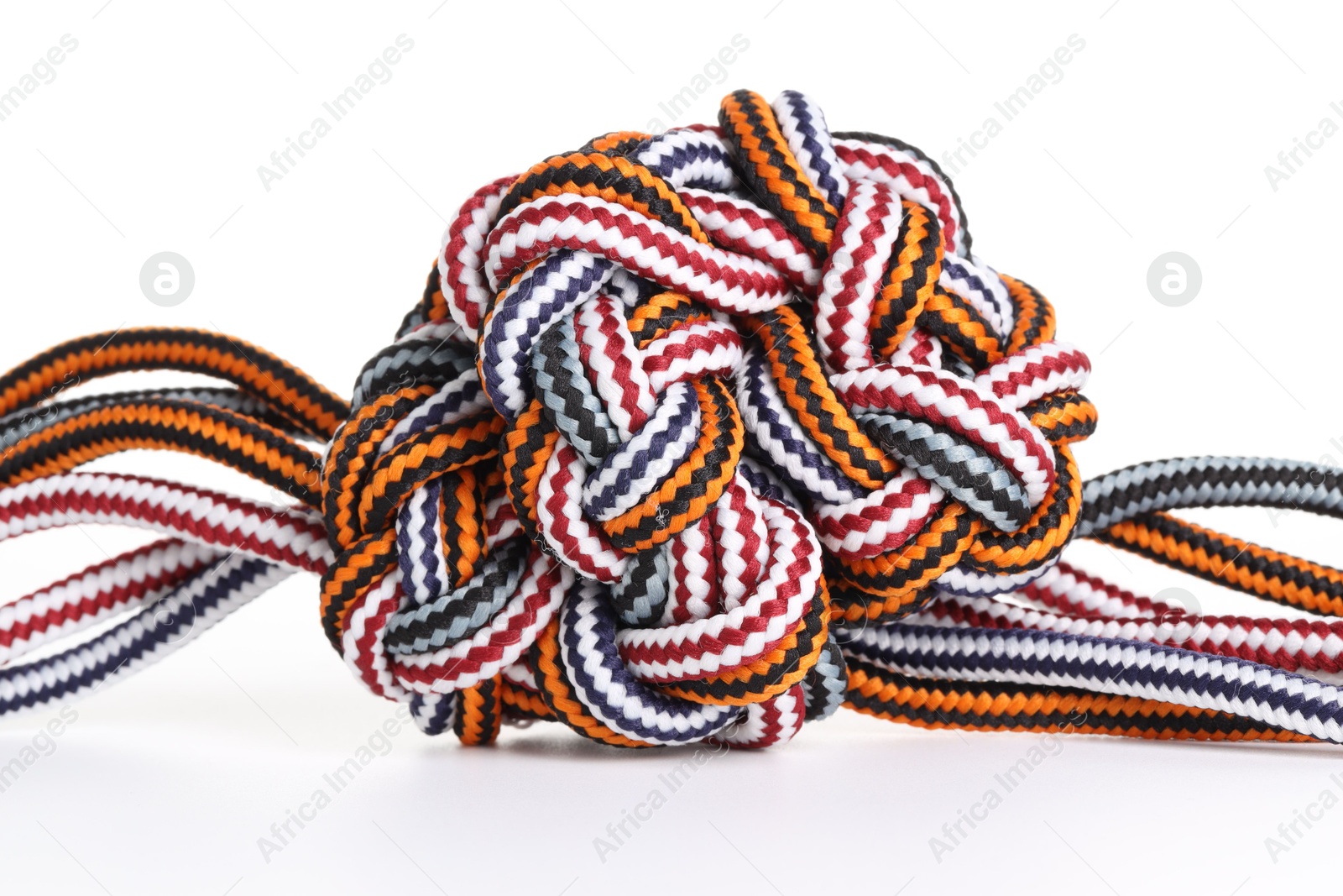 Photo of Colorful ropes tied together on white background. Unity concept