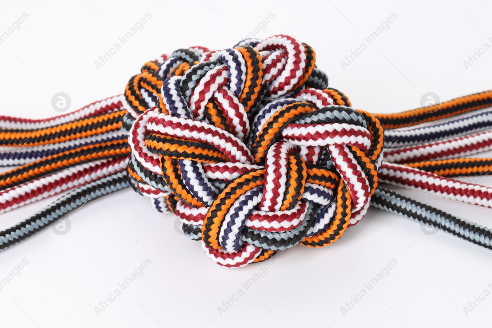 Photo of Colorful ropes tied together on white background. Unity concept