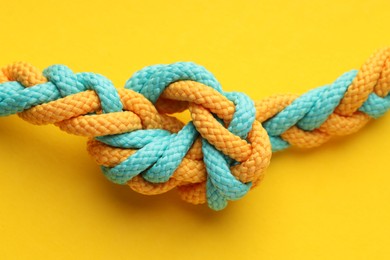 Photo of Colorful ropes tied in knot on yellow background, closeup. Unity concept