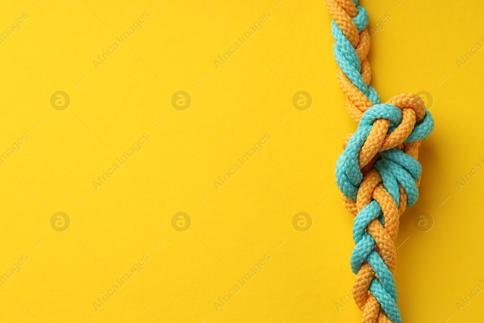 Photo of Colorful ropes tied in knot on yellow background, top view and space for text. Unity concept