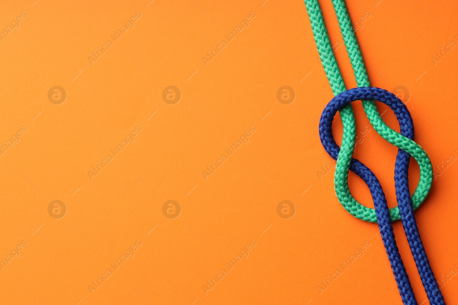 Photo of Colorful ropes tied in knot on orange background, top view and space for text. Unity concept