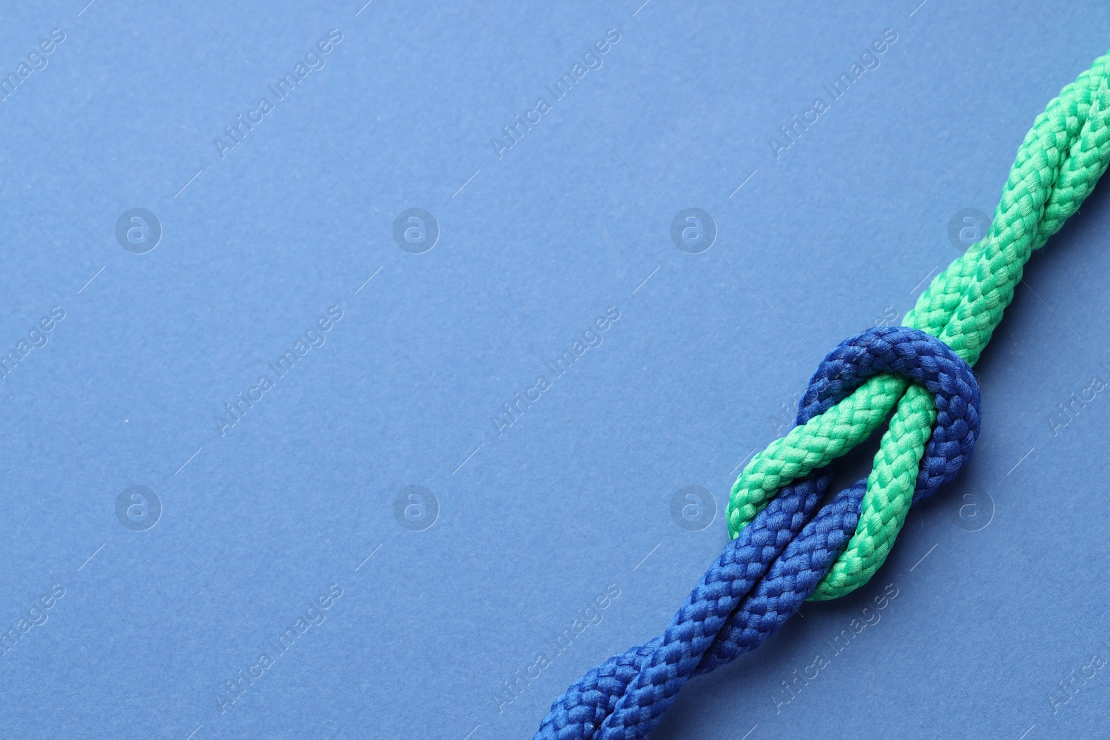 Photo of Colorful ropes tied in knot on blue background, top view and space for text. Unity concept