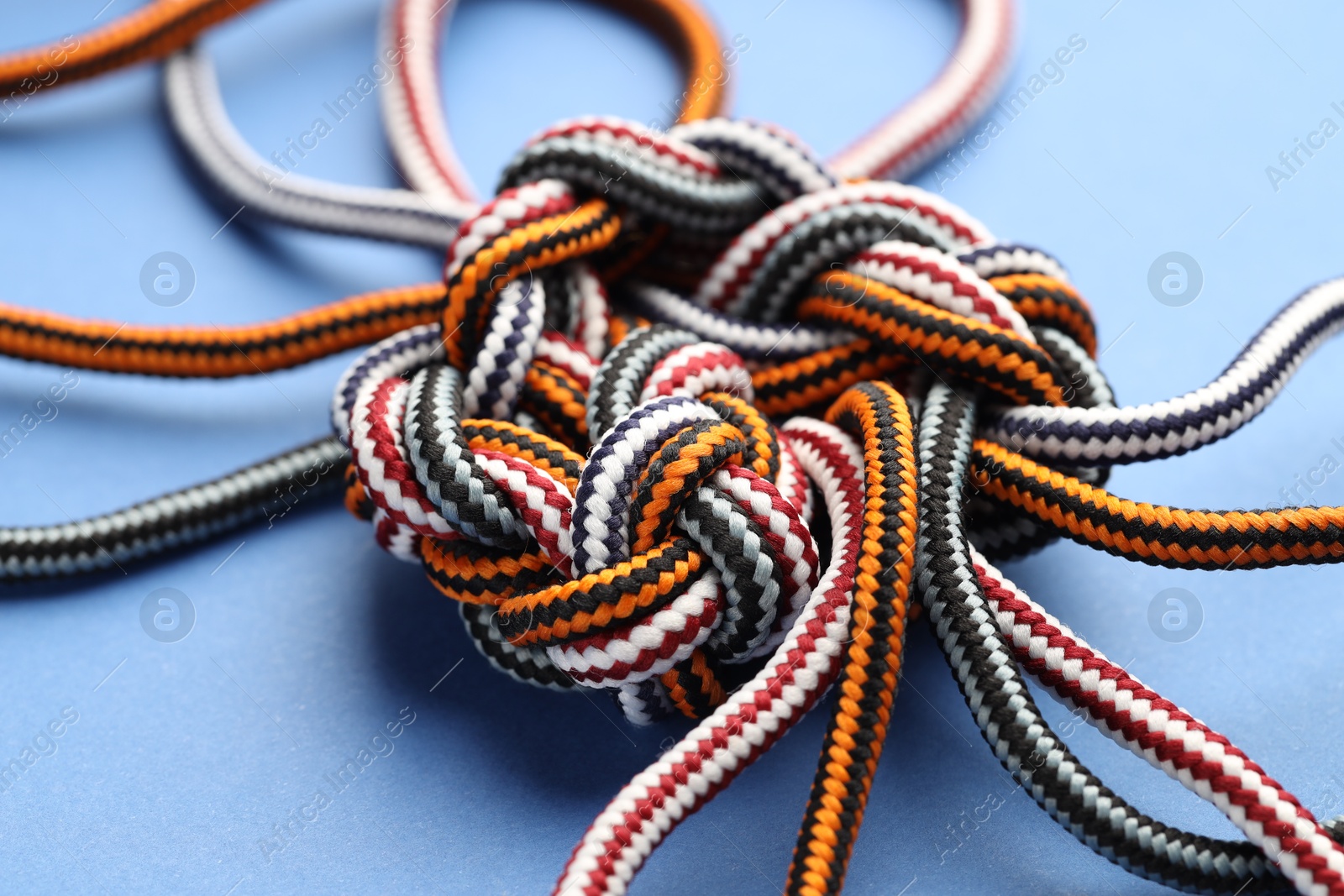 Photo of Colorful ropes tied in knot on blue background, closeup. Unity concept