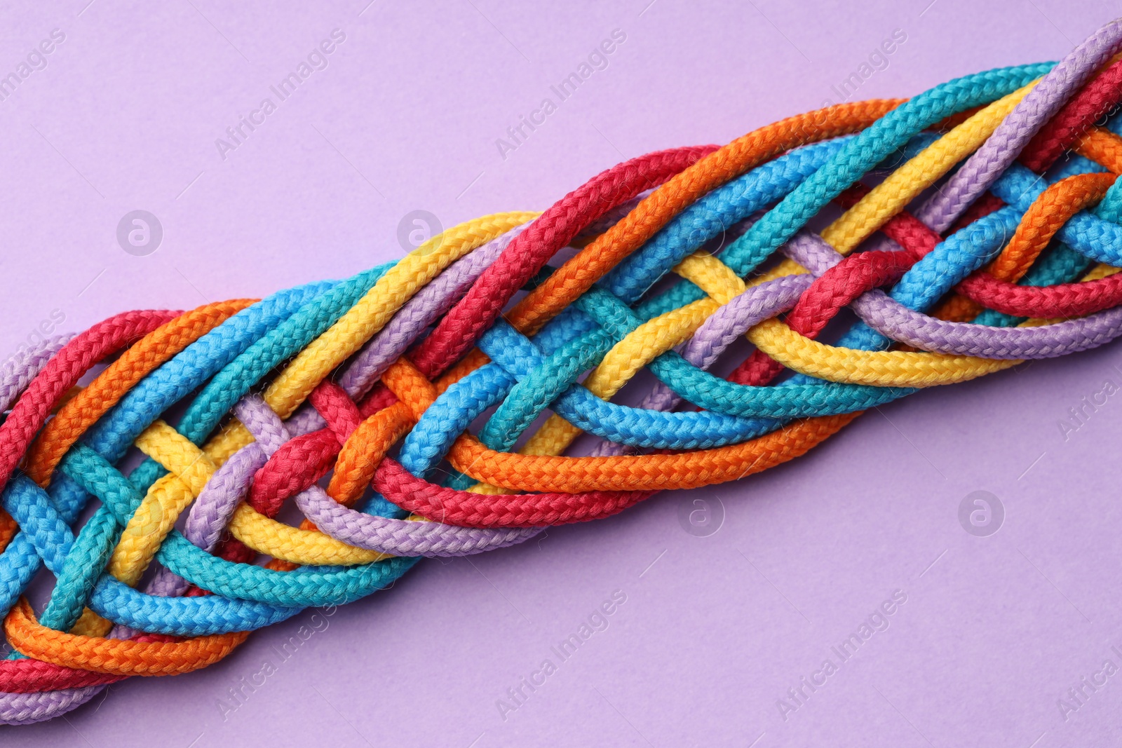 Photo of Colorful ropes tied together on violet background, top view. Unity concept