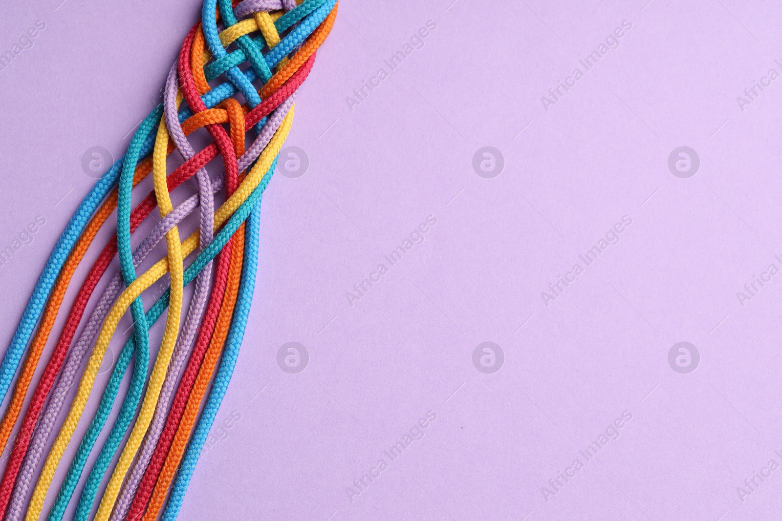 Photo of Colorful ropes tied together on violet background, top view and space for text. Unity concept