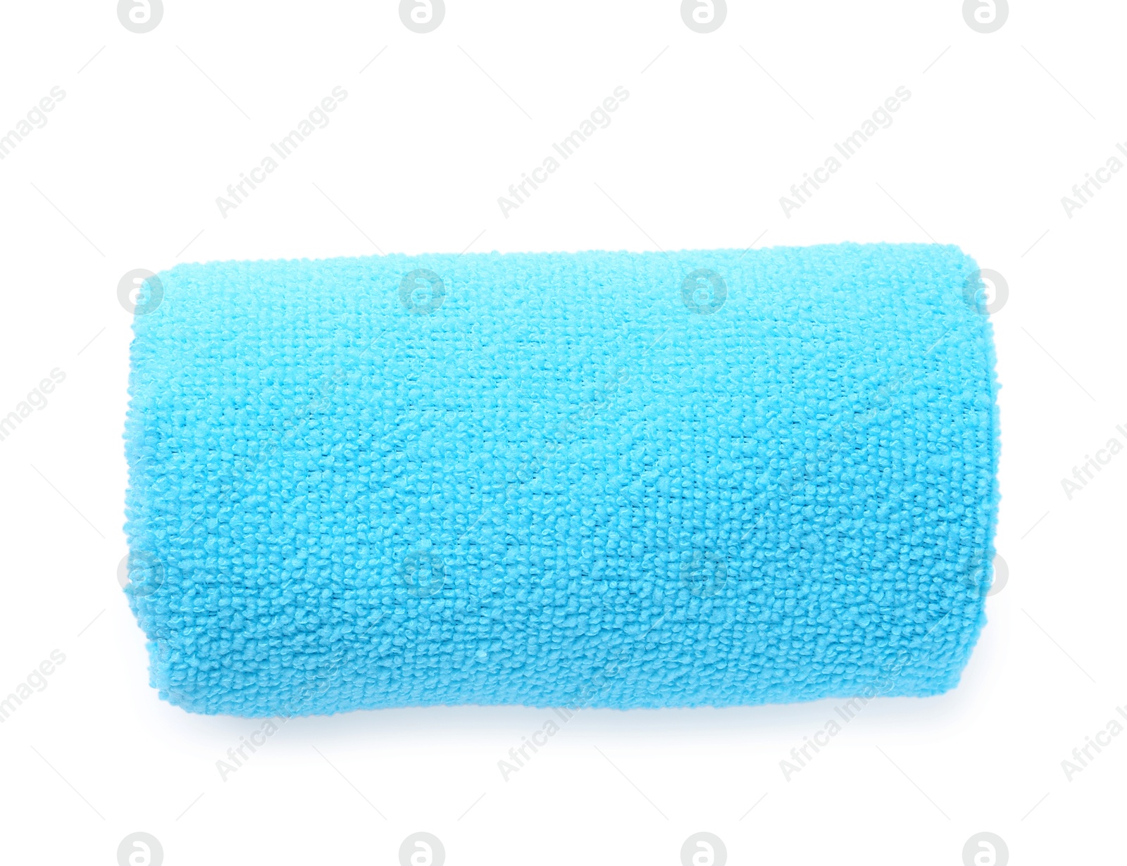 Photo of Clean light blue microfiber cloth isolated on white, top view