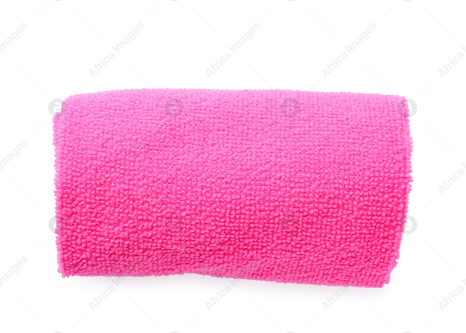 Photo of Clean pink microfiber cloth isolated on white, top view