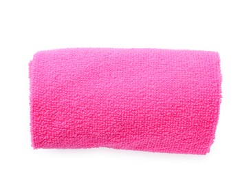 Photo of Clean pink microfiber cloth isolated on white, top view