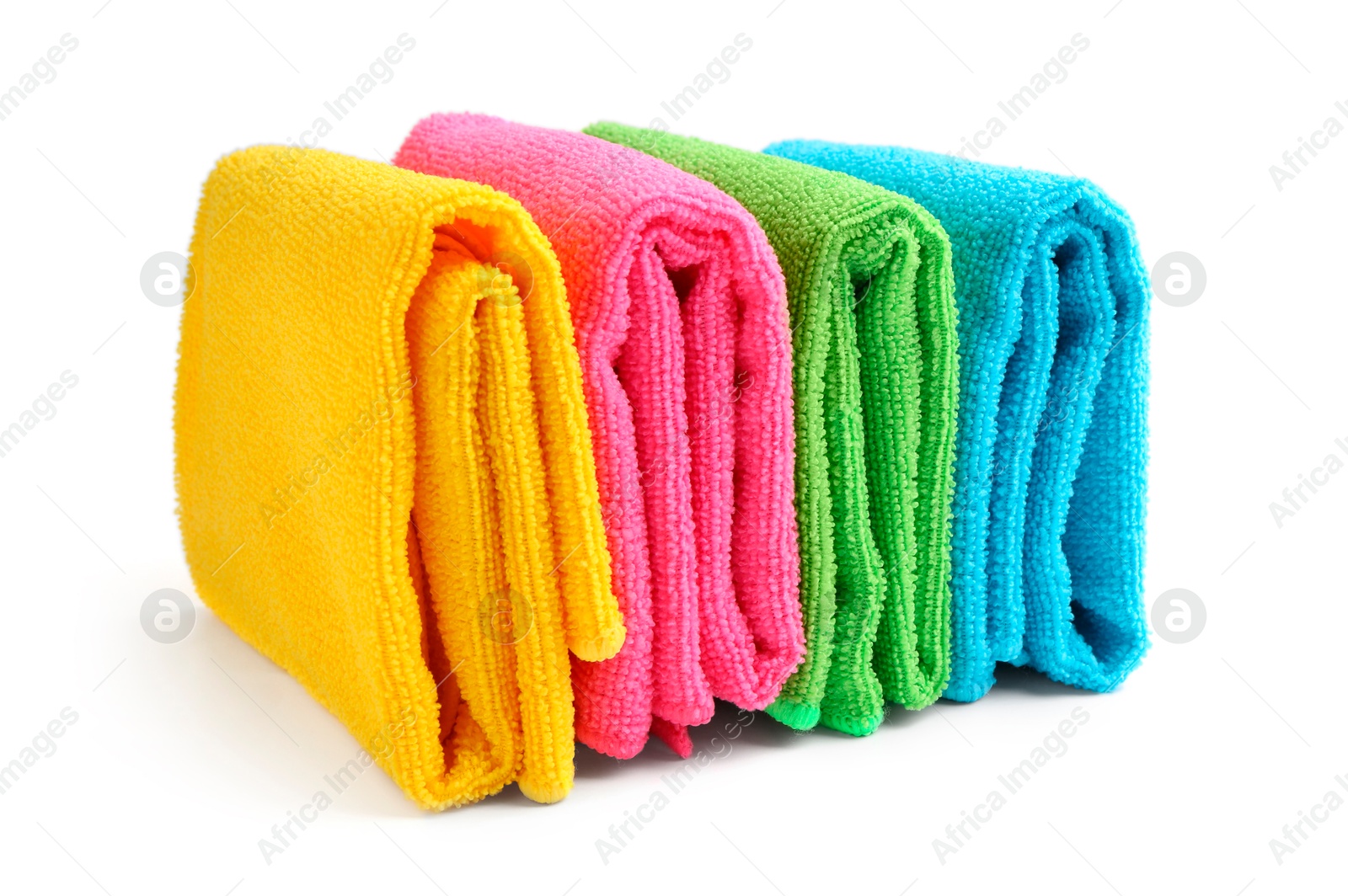 Photo of Many different microfiber cloths isolated on white