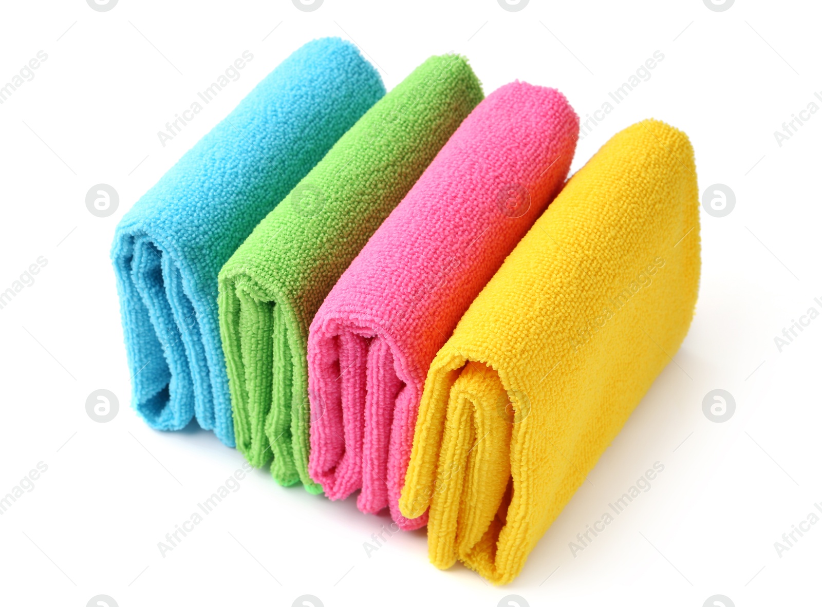 Photo of Many different microfiber cloths isolated on white