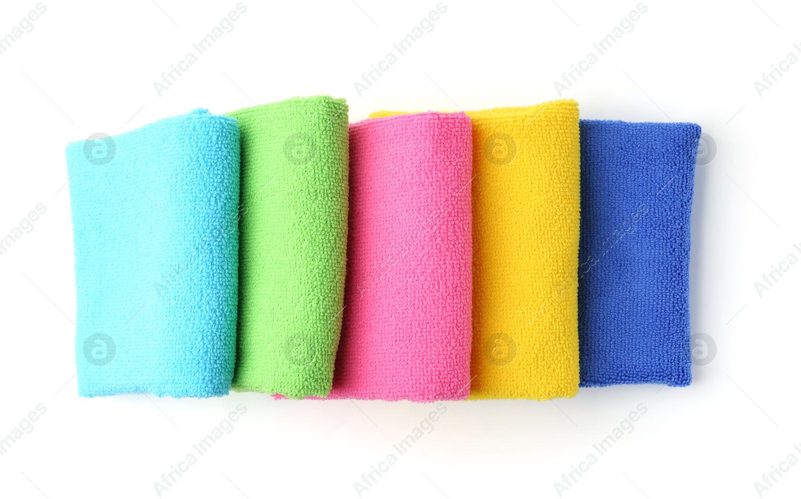 Photo of Many different microfiber cloths isolated on white, top view