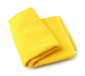 Photo of Clean yellow microfiber cloth isolated on white