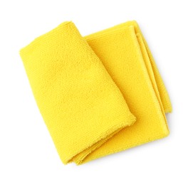 Photo of Clean yellow microfiber cloth isolated on white, top view