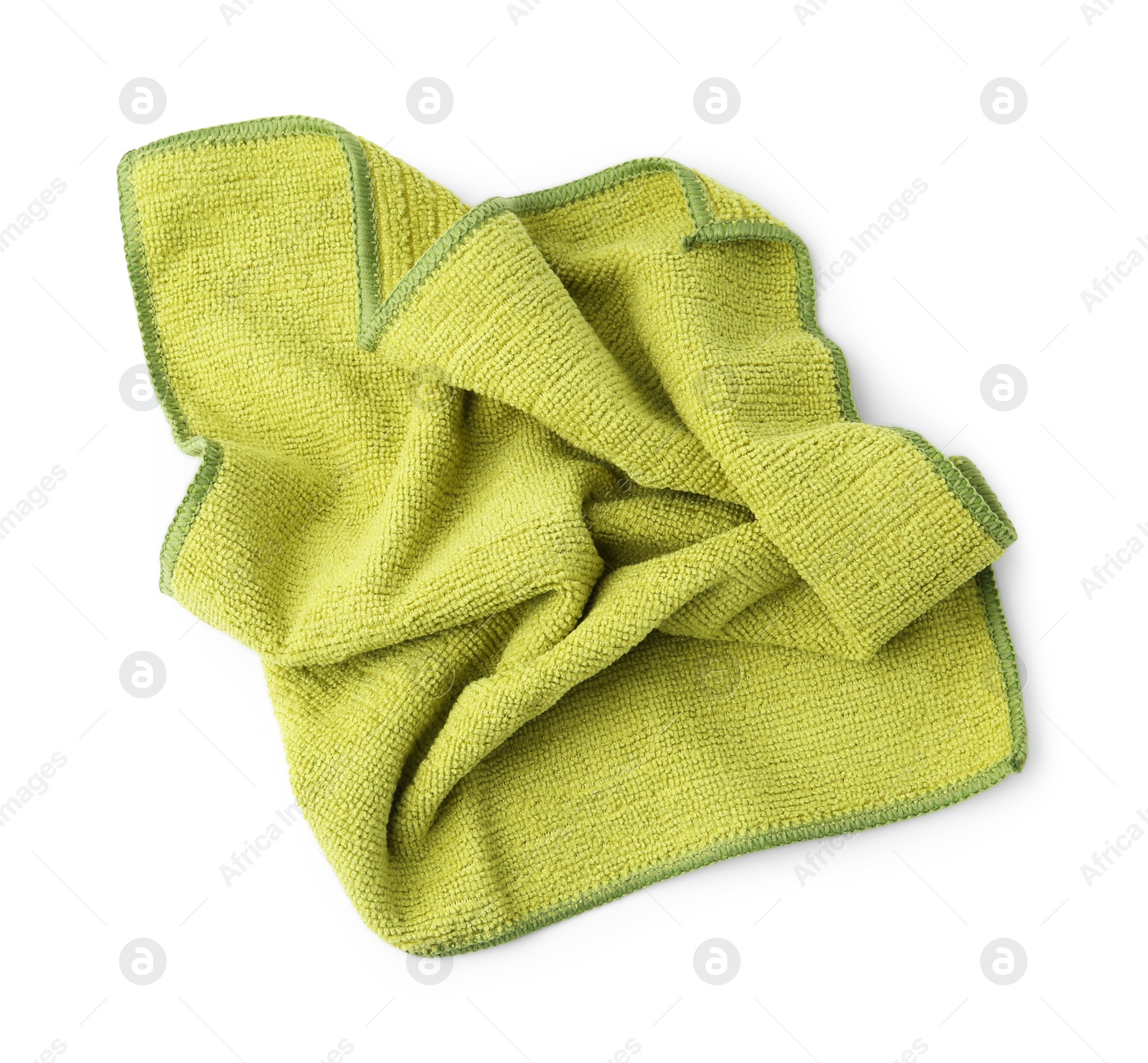 Photo of Clean green microfiber cloth isolated on white, top view