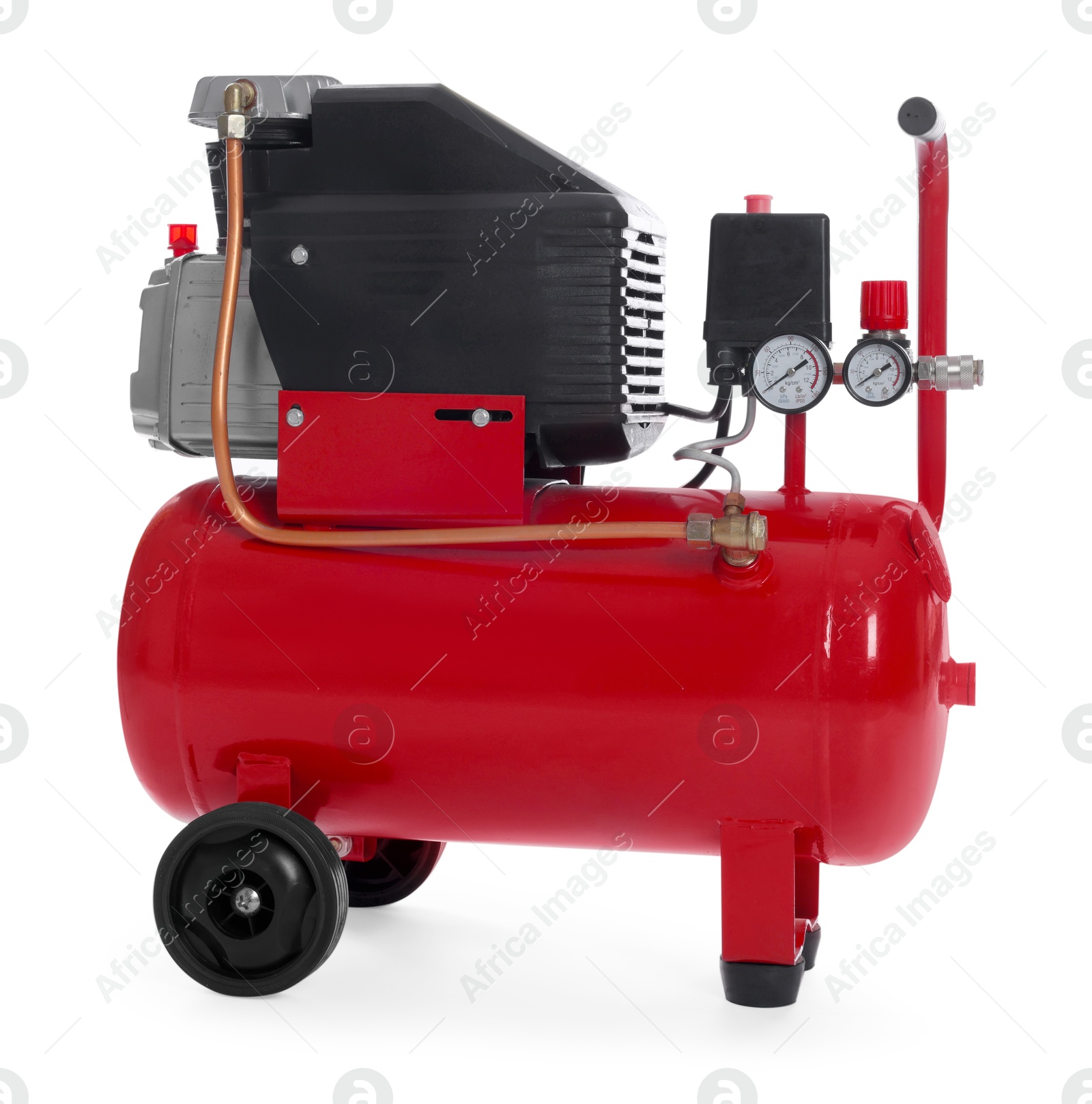 Photo of Air compressor with coiled hose isolated on white