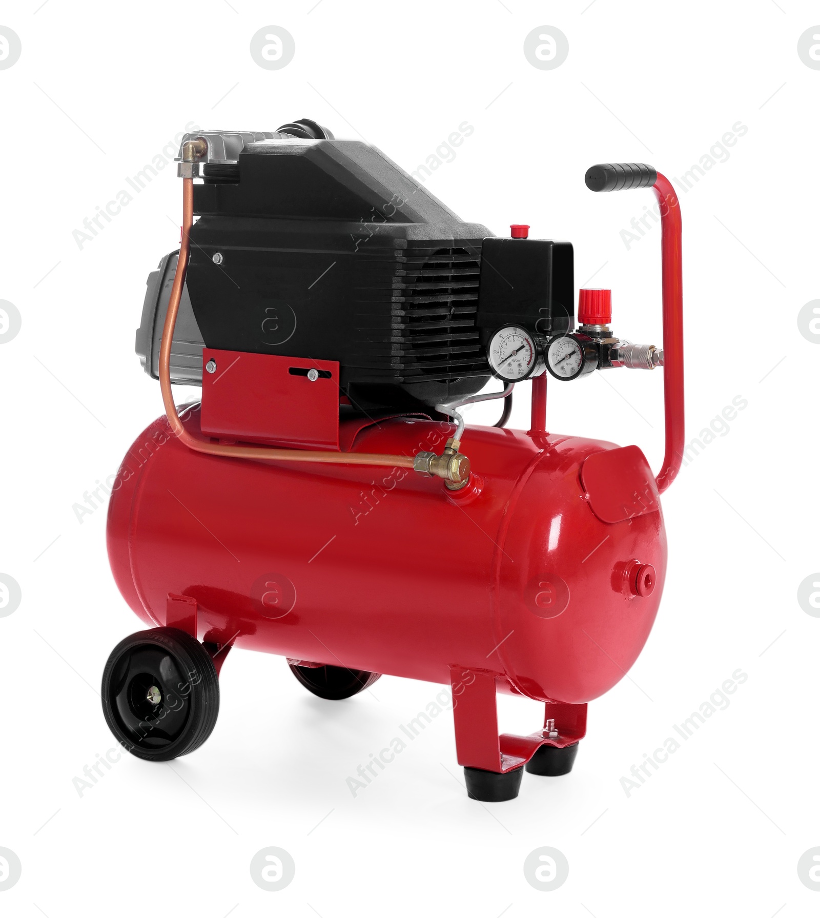 Photo of Air compressor with coiled hose isolated on white