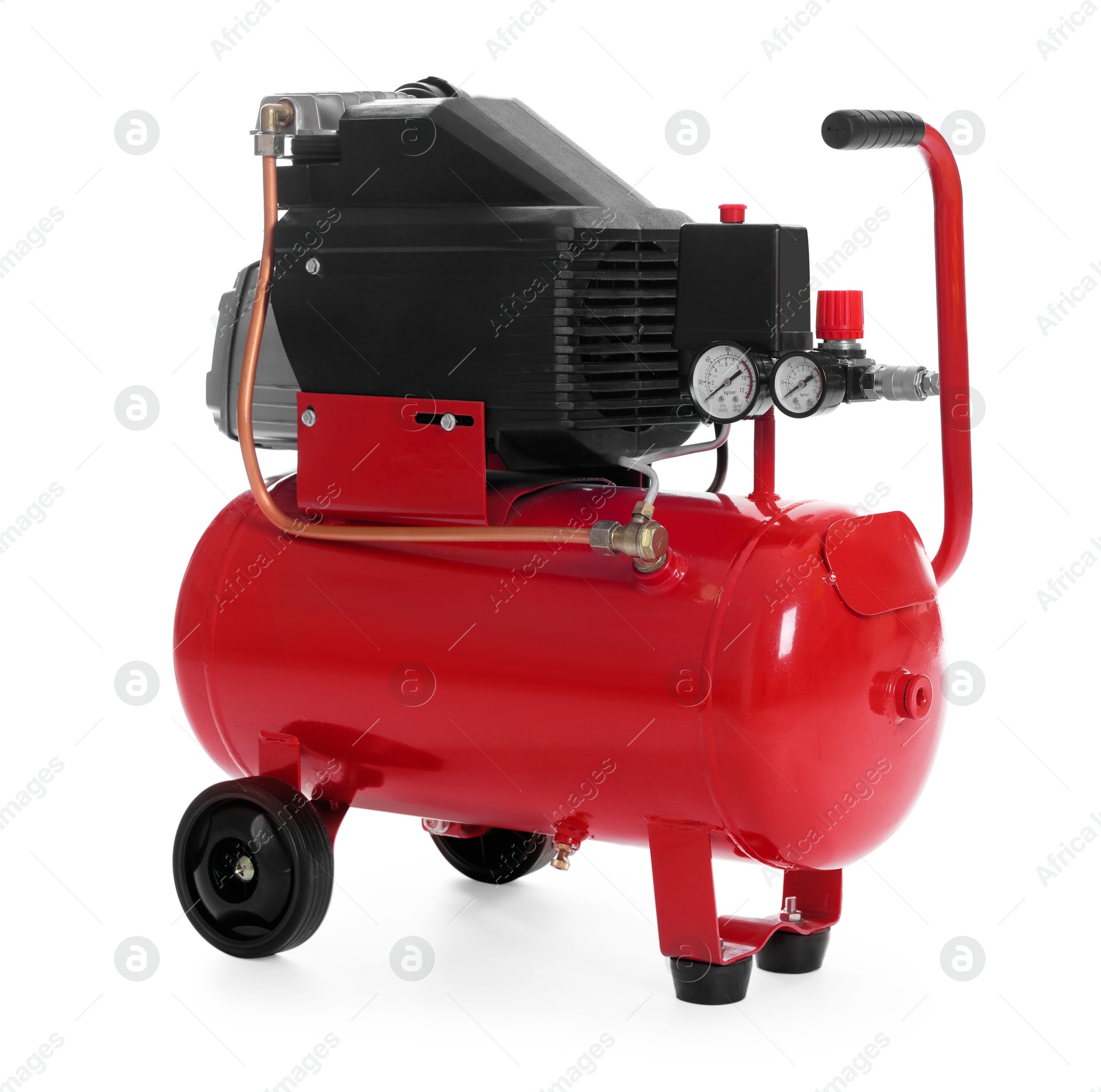 Photo of Air compressor with coiled hose isolated on white