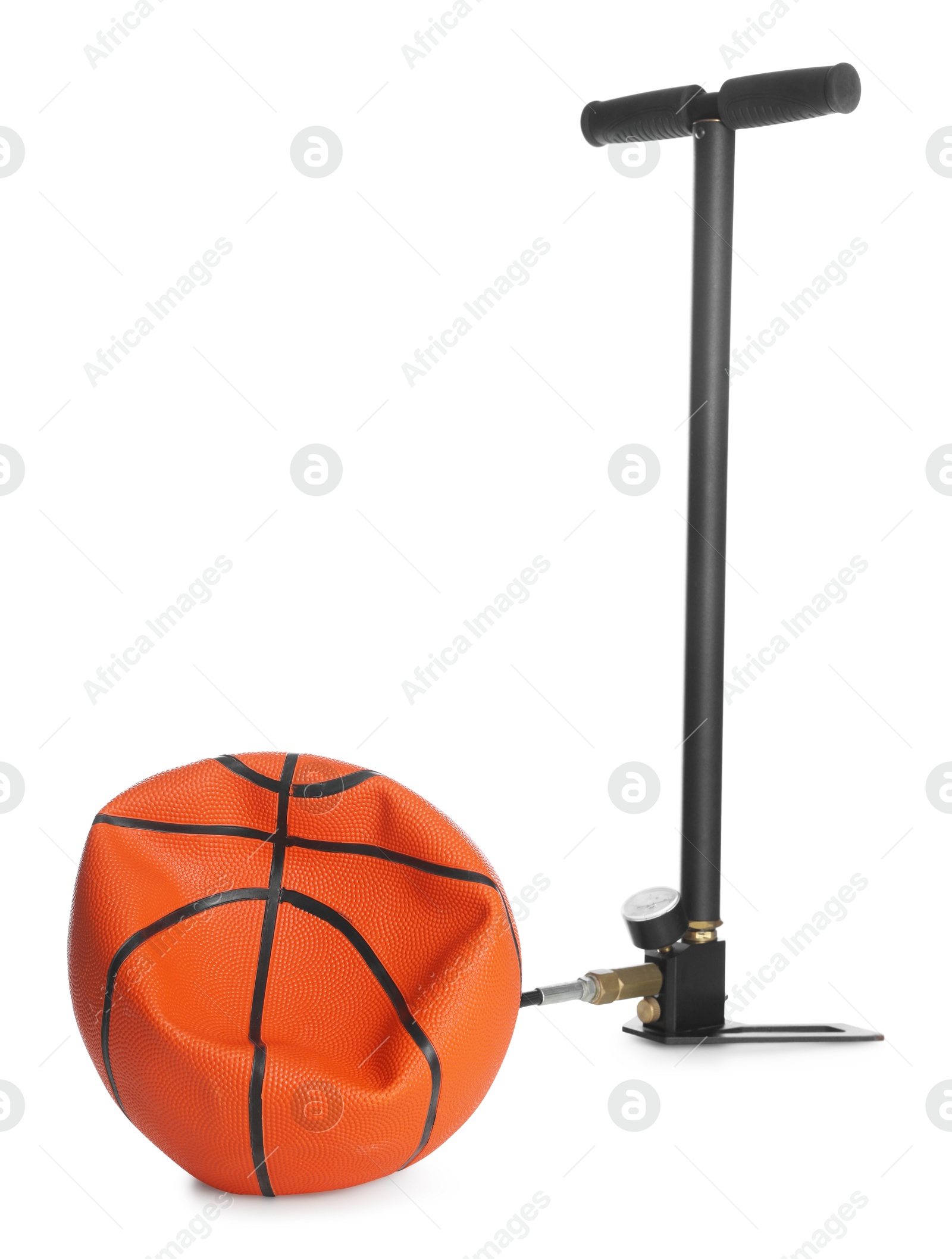 Photo of Deflated basketball ball and manual air pump isolated on white