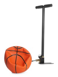 Photo of Deflated basketball ball and manual air pump isolated on white