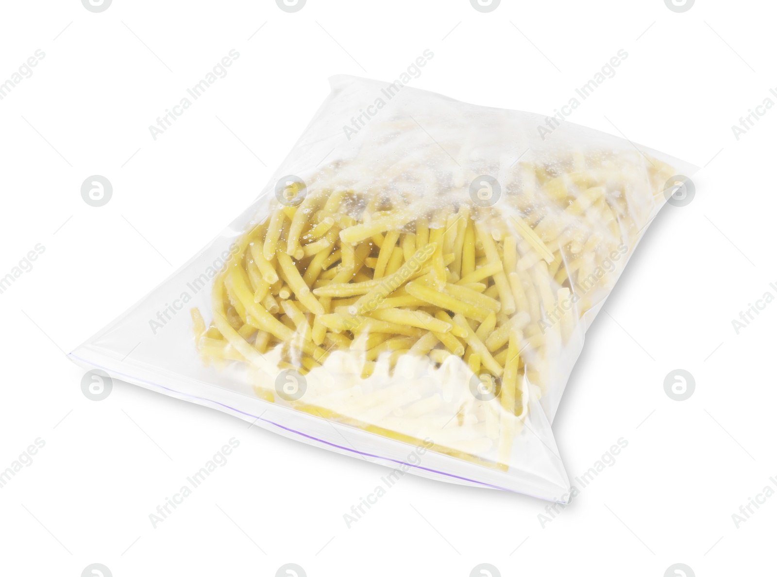 Photo of Frozen yellow beans in plastic bag isolated on white