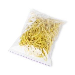 Photo of Frozen yellow beans in plastic bag isolated on white, top view