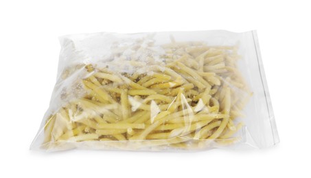 Photo of Frozen yellow beans in plastic bag isolated on white