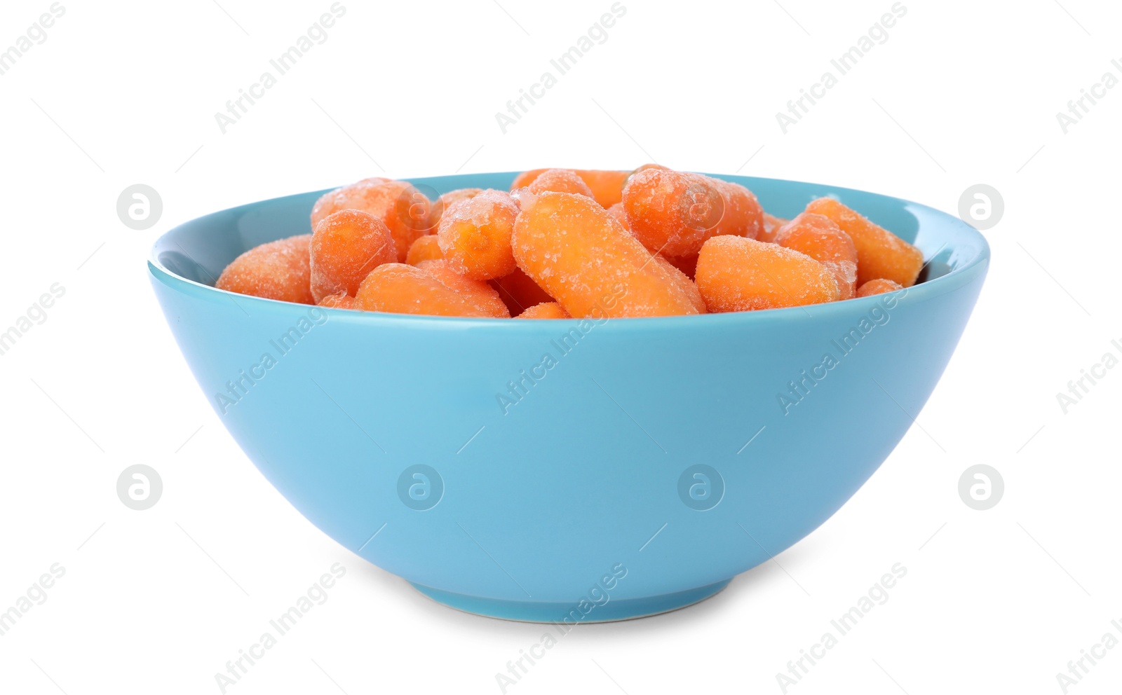 Photo of Frozen baby carrots in bowl isolated on white